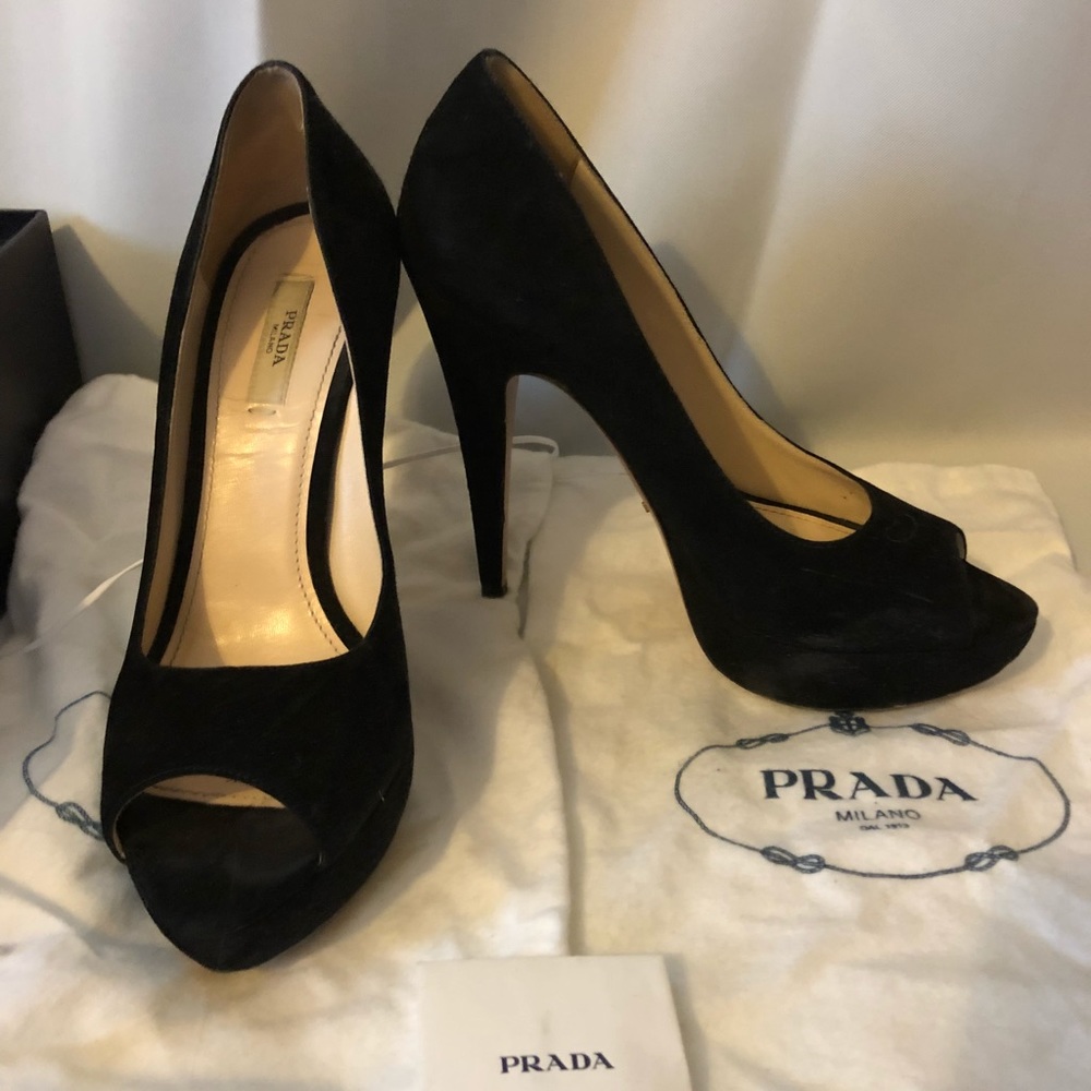 Prada Camoscio Chic Suede platform peep toe pumps with box